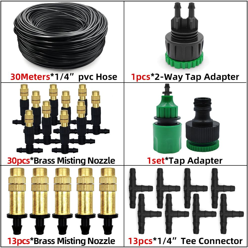15M-30M Outdoor Misting Cooling System Garden Irrigation Watering 1/4'' Brass Atomizer Nozzles 4/7mm Hose for Patio Greenhouse
