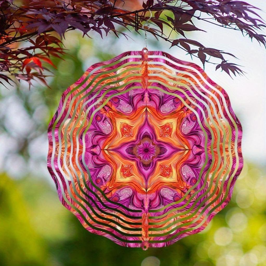 Metal Wind Chime Mandala Outdoor Garden Decor - Rustic Wind-Powered Spinner with Vibrant Purple Pink Orange Golden Accents