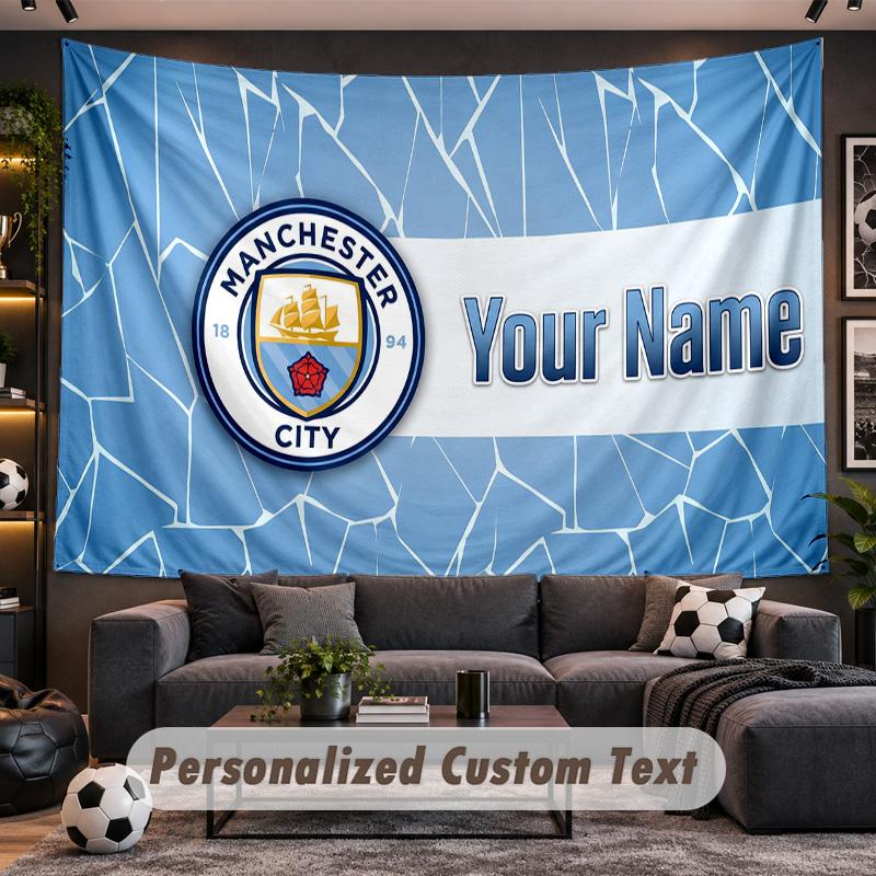 Manchester City Personalized Tapestry Support Custom Name, Wall Art Home Decoration
