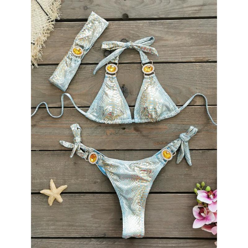 Luksusowy Bikini 2025 Kobiety Neonowy Zielony Gradientowe Dżety Push Up Mikro Kostium Kąpielowy Plażowy Kostium Kąpielowy Diamentowy Pasek 3-częściowy Strój Kąpielowy