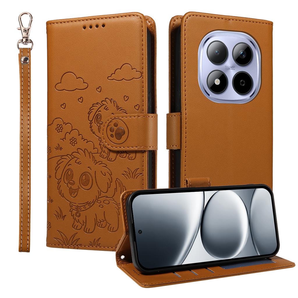 Etui do Xiaomi Redmi Note 15 Pro 5G z blokadą RFID, wytłaczany wzór psa, pokrywa na telefon ze skóry PU z paskiem na nadgarstek