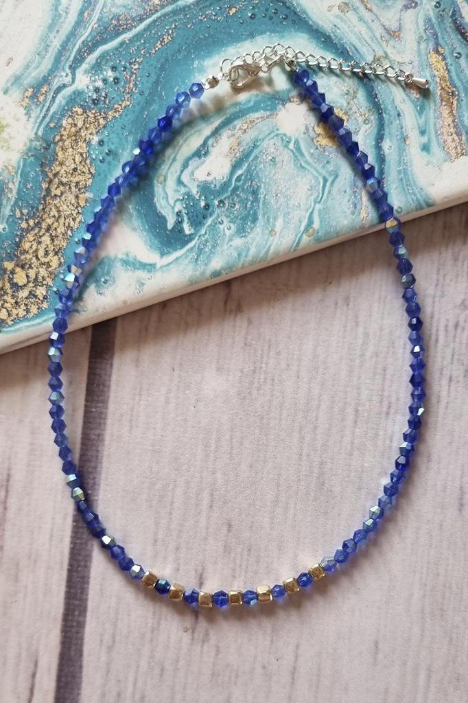 Handmade Beaded Choker Necklace – Blue and Gold Crystal Beads