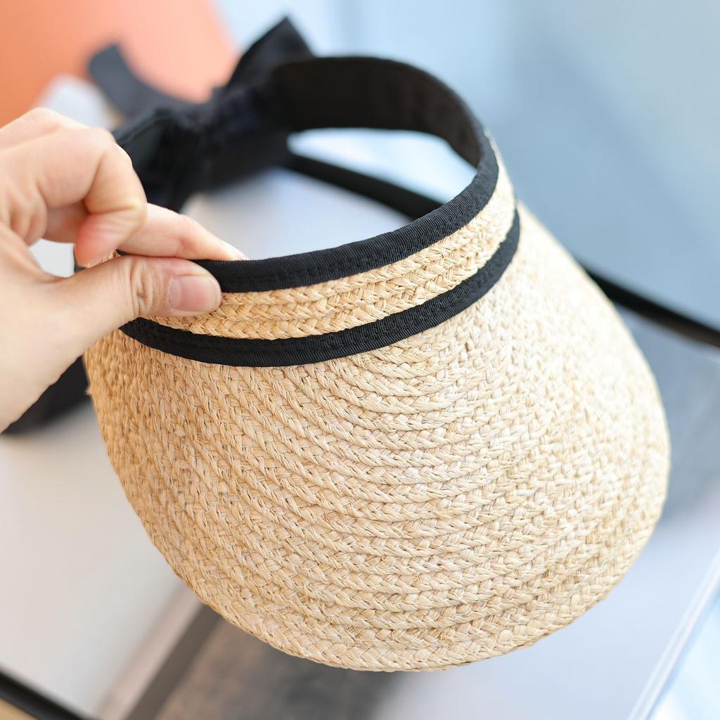 Lafite Grass~ Bow Streamer Sweet Versatile Empty Top Hat Vacation Seaside Sun Protection Cap