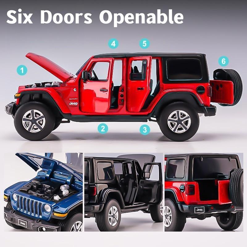 1/32 Jeep Wrangler Sahara Diecast Toy Car Model SUV Miniature Free Wheels Doors Openable Sound Light Collection Gift for Boy Kid