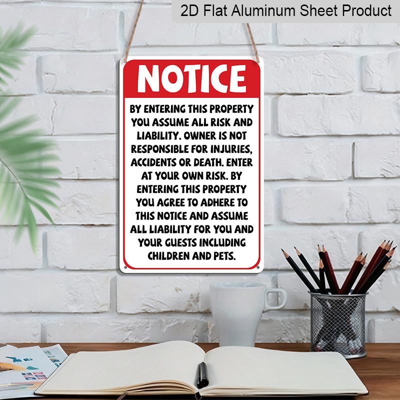 2D Flat, 1pc Notice Aluminium Sign "Enter At Your Own Risk" - 8"x12" Property Liability Warning Sign, Rustic Home & Business Decor