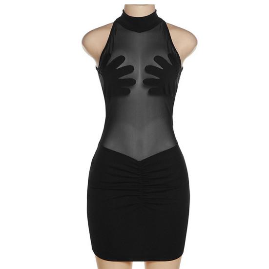 O-neck Sleeveless Hip Wrap Hand-shaped Cover Bodycon Dress Ruched See-Through Mesh Stitching Sexy Mini Dress Club Wear
