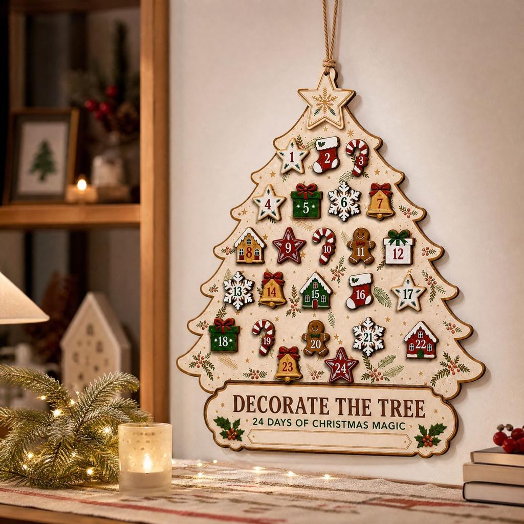 Wooden Christmas Tree Advent Calendar Hanging Decoration with Days Countdown for Holiday Home Decor