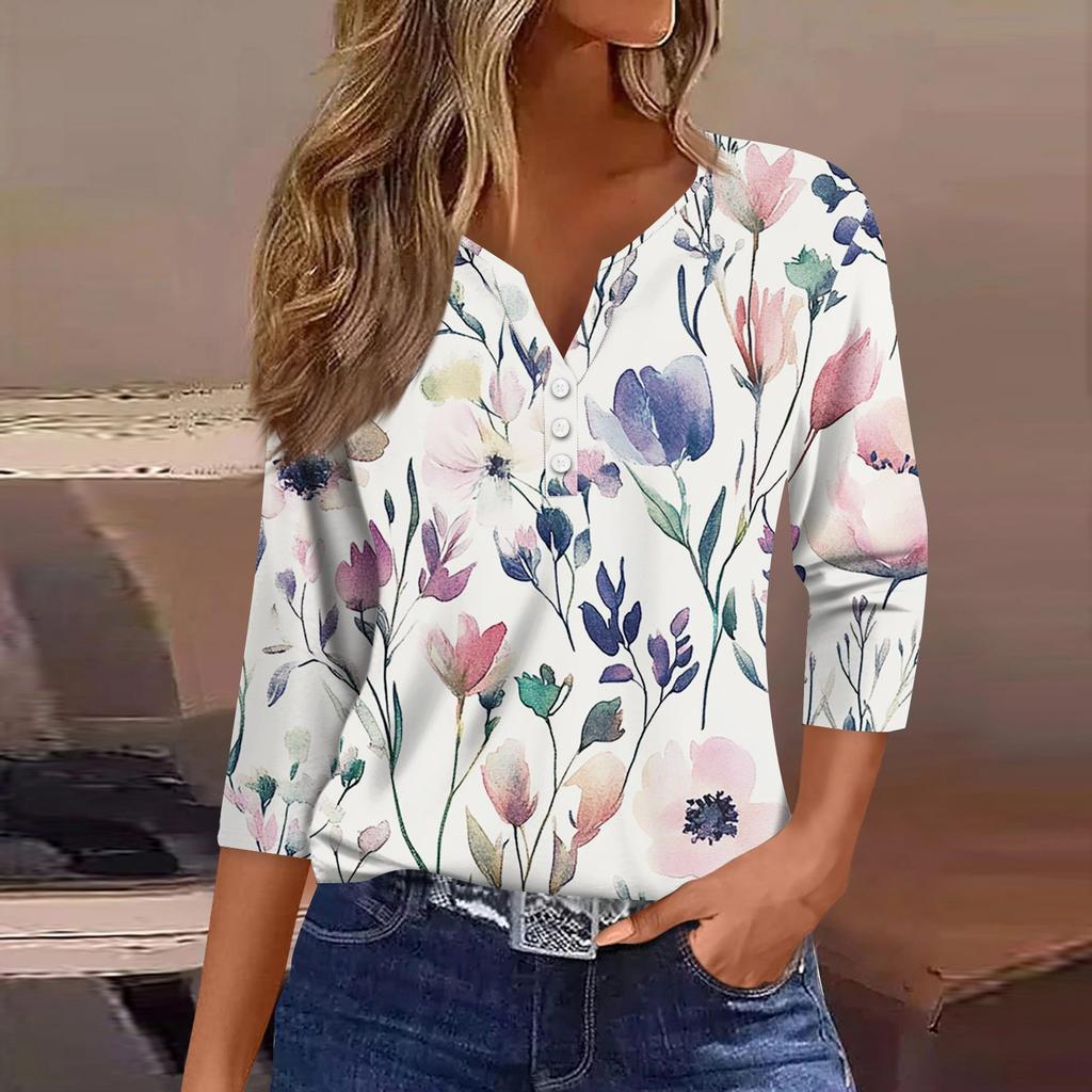 Women's T Shirt Tee Print Button 3/4 Sleeve Daily Weekend Fashion Basic V Neck Regular Top