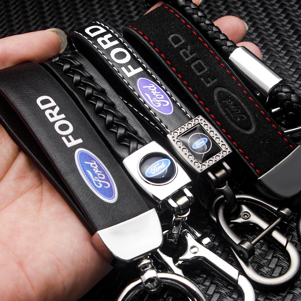 AAAMT1 For Ford Mustang Focus Transit 1Pcs Metal Leather Keychain Ring Edge Fiesta Escape Kuga Mondeo Fusion Ranger Auto Accessories