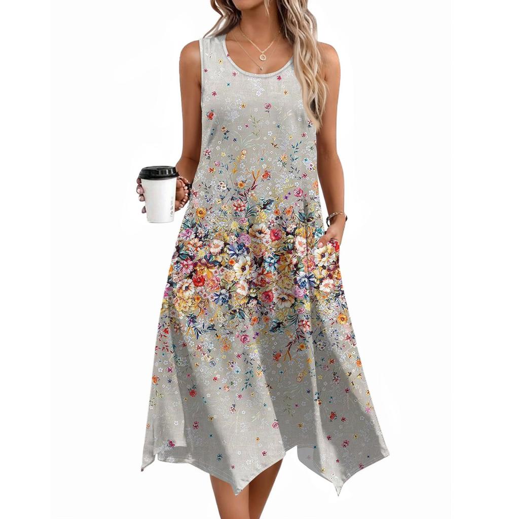 Damen Lässige Ärmellose Sommerkleider Frühling Rundhals Patchwork Boho Floral Rüschen Cocktailparty Midi-Kleid