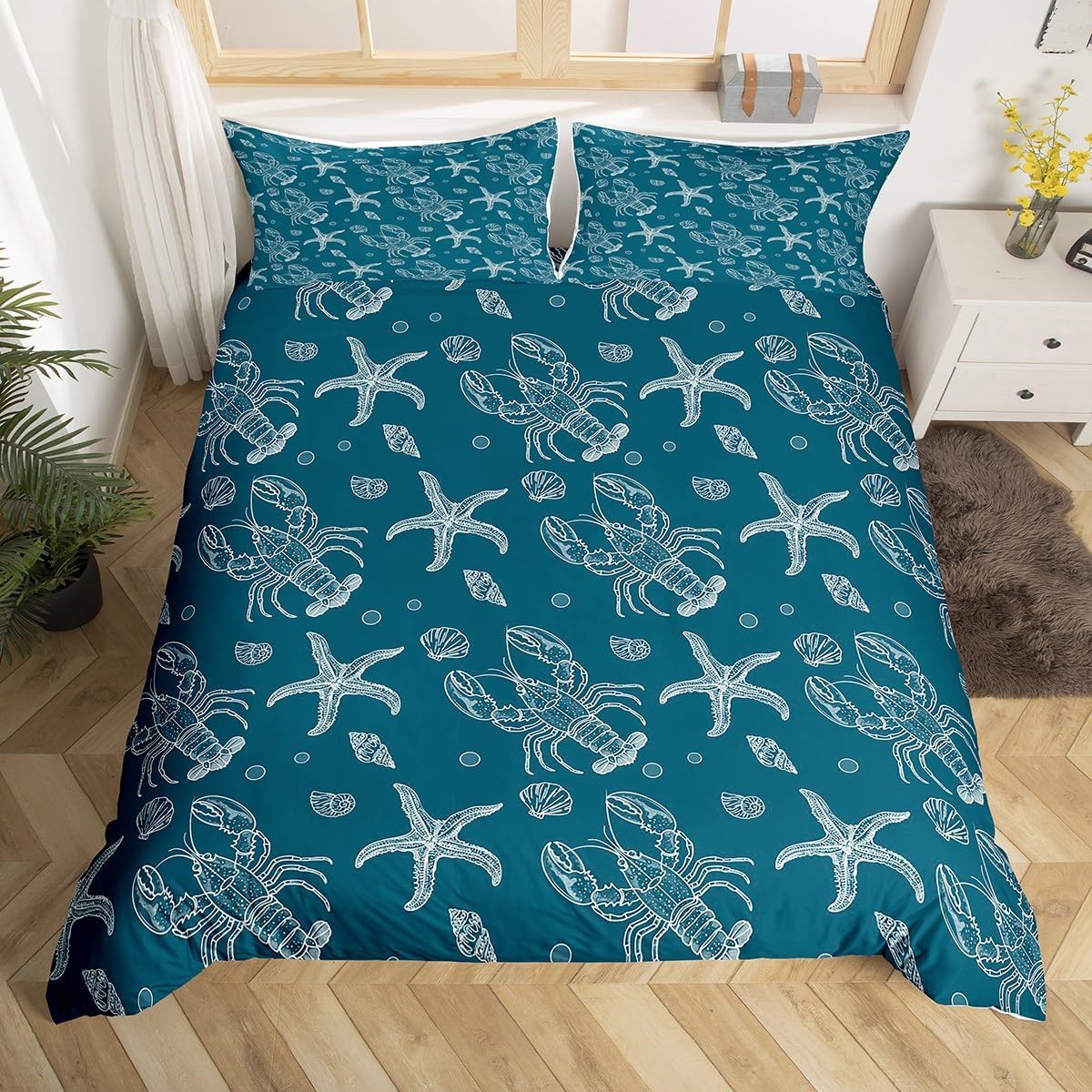 

Lobster Duvet Cover Twin Queen Size, Boho Flower Bedding Set For Kids Boys Girls, Colorful Mandala Ocean Animal Comforter Cover EU Single(135x200cm)