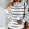 Fashion Women's Pocket Stripe Printed Swap Long Sleeve Hooded Sweatshirt Top