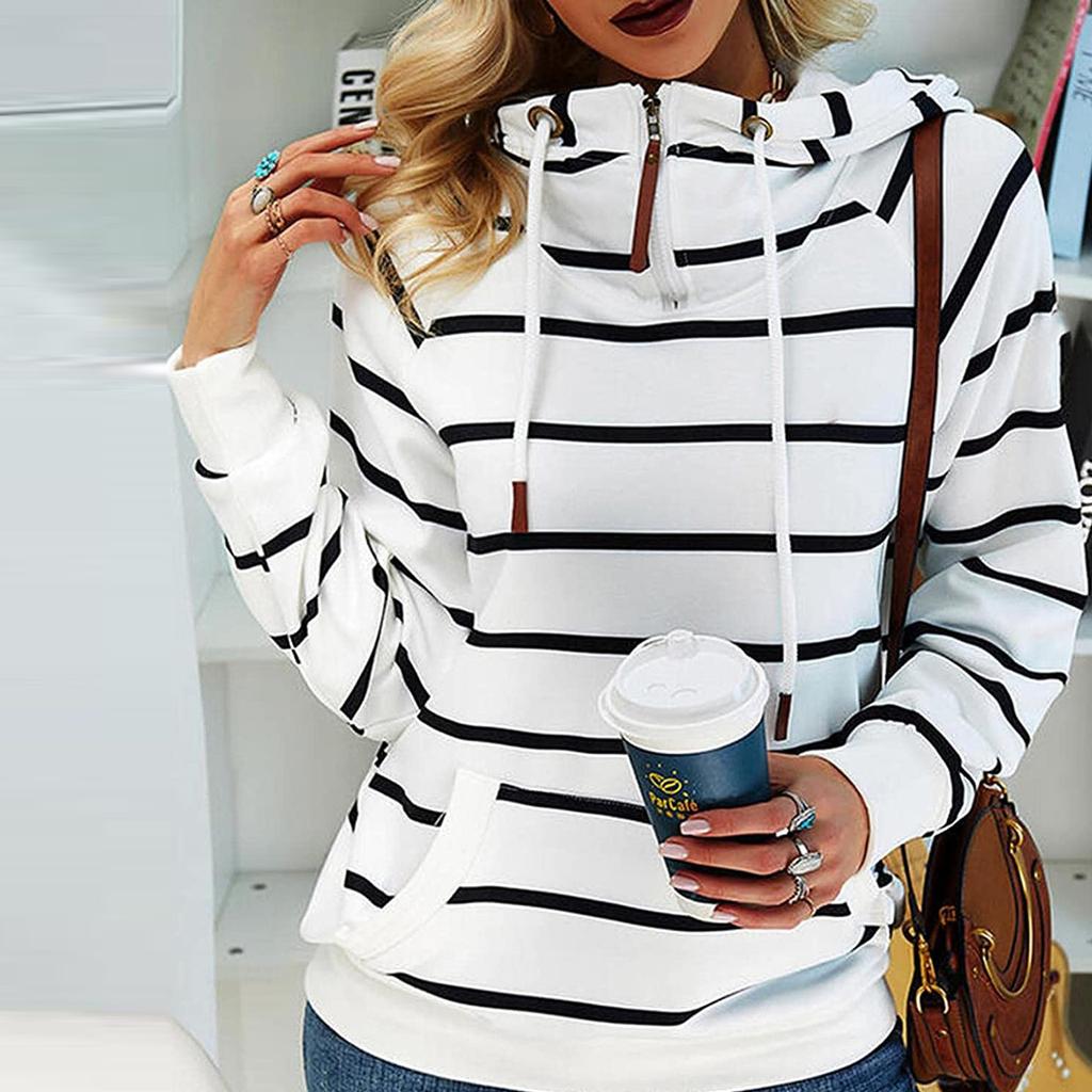 Fashion Women's Pocket Stripe Printed Swap Long Sleeve Hooded Sweatshirt Top