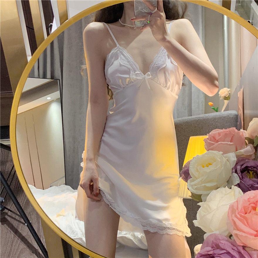 Pure Desire Suspender Koronkowa nocna sukienka damska Lato Seksowna lodowa jedwabna piżama Ins Nocna odzież Moda Solidna kokarda Ubrania Miękkie