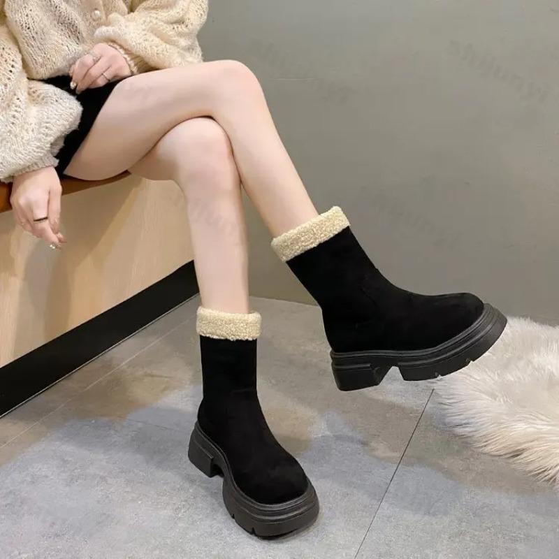 2025 New Thick Soled Women's Ankle Boots Winter Comfort Fluffy Short Boots Mid Heel Platform High Top Plush Warm Women's Shoes
