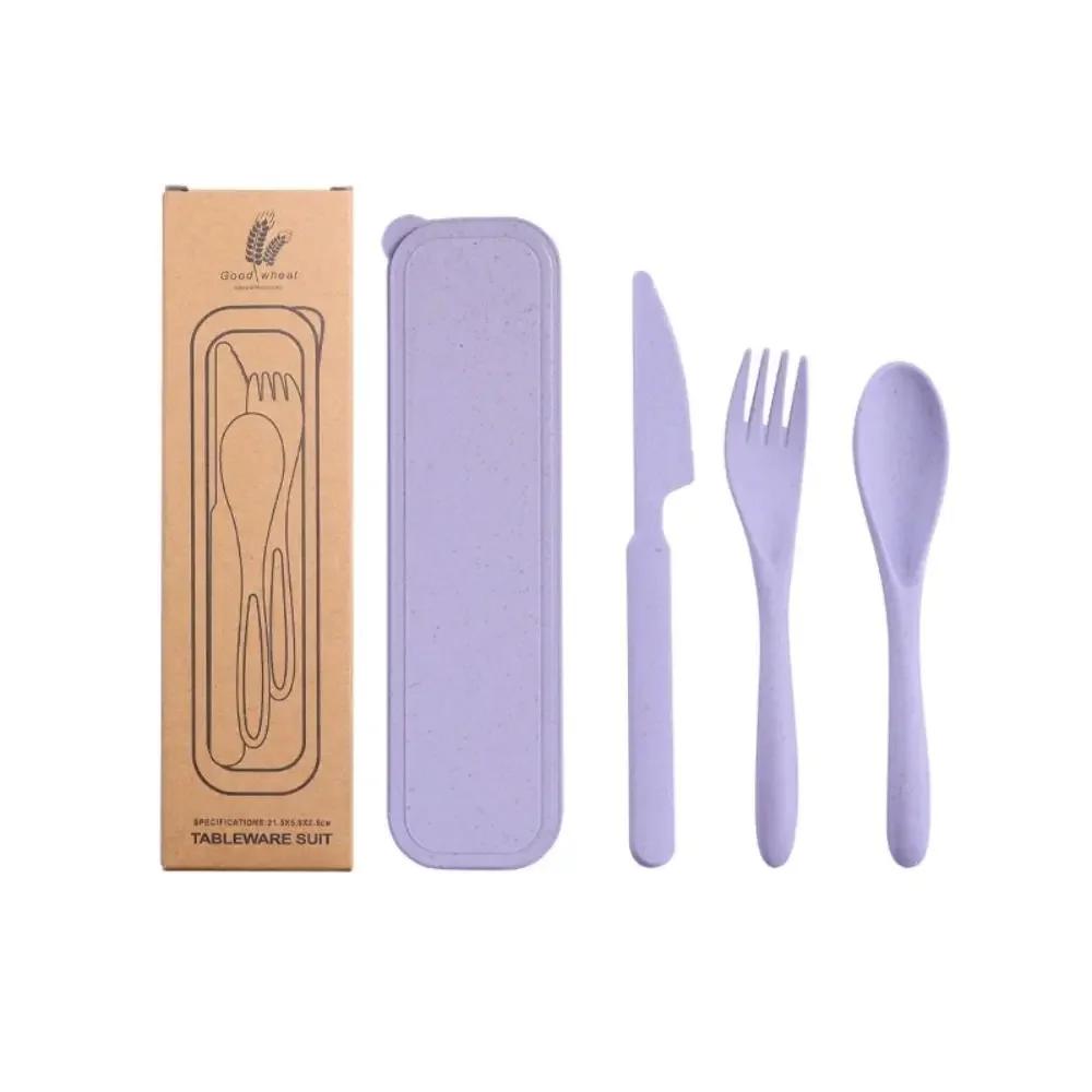Practical Tableware Reusable Camping Utensil Set Ultralight Wheat Straw Camping Spoon Fork with Case Plastic Travel Utensils