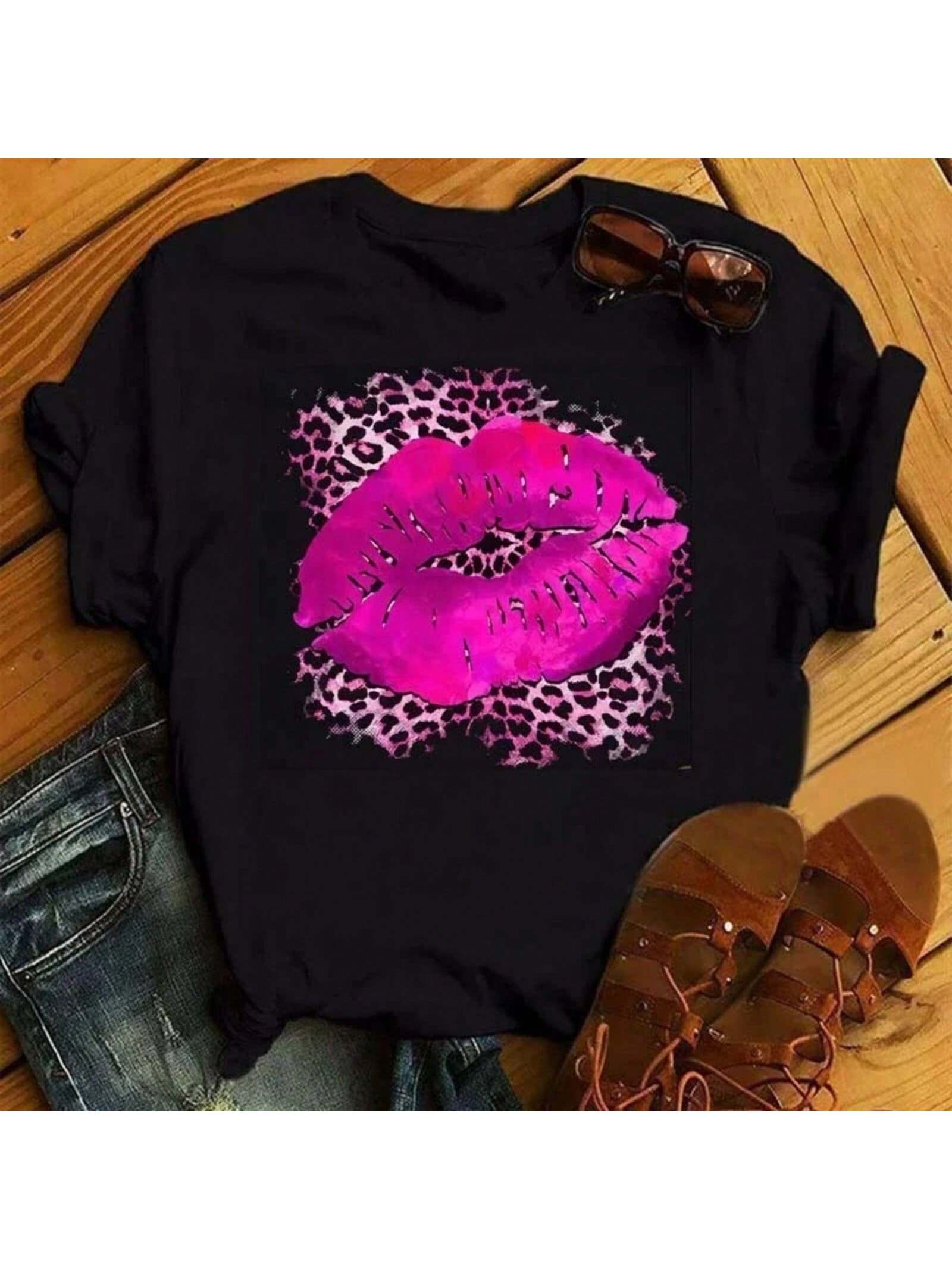 Pink Leopard Lips T Shirt Harajuku Short Sleeves T Shirt Wounisex Lip Funny Printed Girl Black Tshirt Cartoon Graphic Tee Shirt S разноцветный