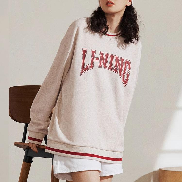 Li Ning Sports Lifestyle Series Letter Print Fleece Crew Neck Pullover Long Sleeve Sweatshirt Unisex Sweatshirt Flower-Gray Tile-Gray AWDTB51-1