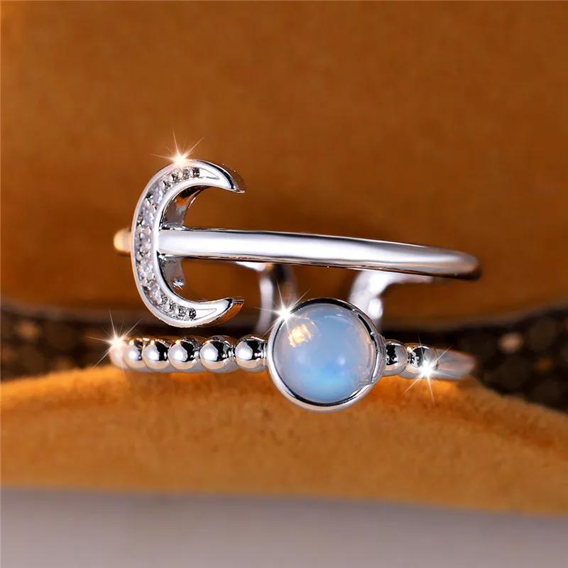 Bague ouverte en forme de croissant de lune et de soleil pour femmes, couleur argent, bijoux Boho à la mode, cadeau d'anniversaire