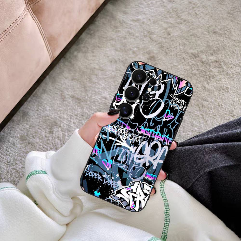 Cool Black Graffiti Phone Case For Samsung S 20 21 22 23 lite plus ultra Clear Mobile Cover Funda