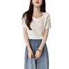 Design sense V-neck exposed collarbone short-sleeved T-shirt women's summer new thin solid color versatile student niche top