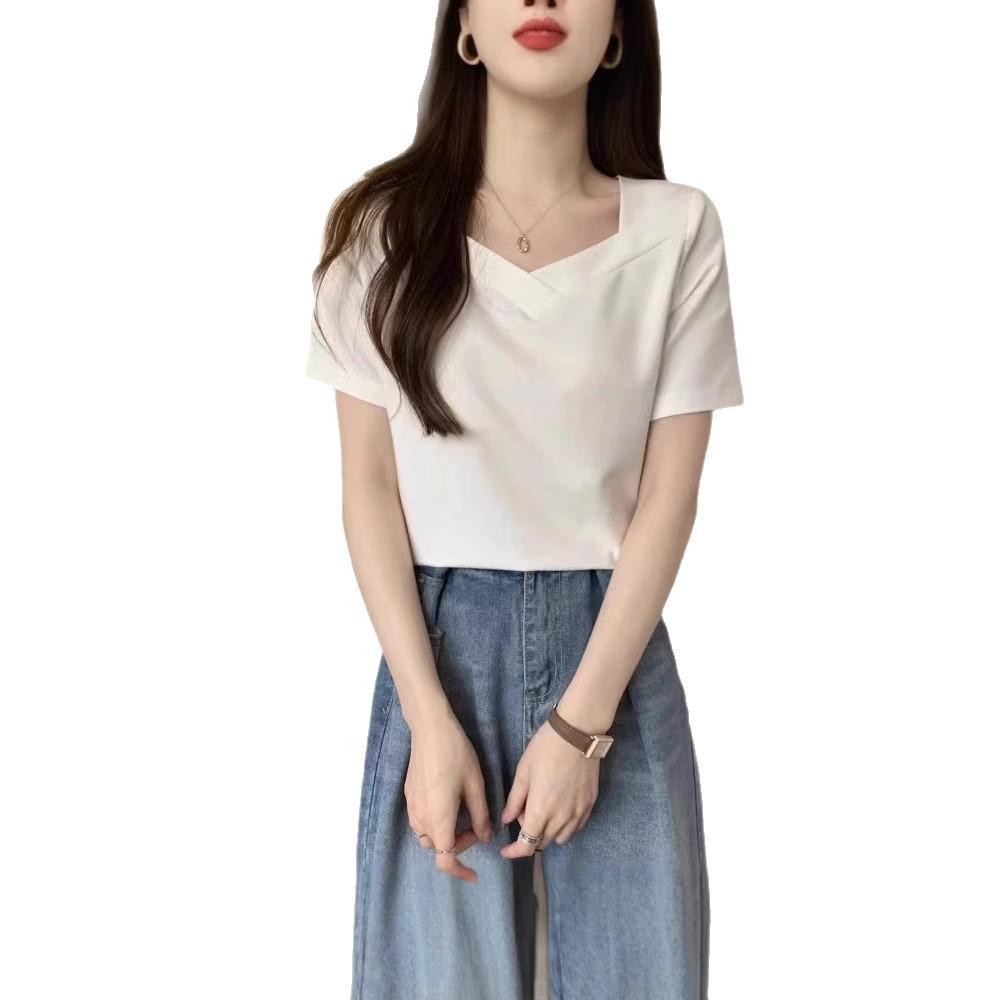 Design sense V-neck exposed collarbone short-sleeved T-shirt women's summer new thin solid color versatile student niche top