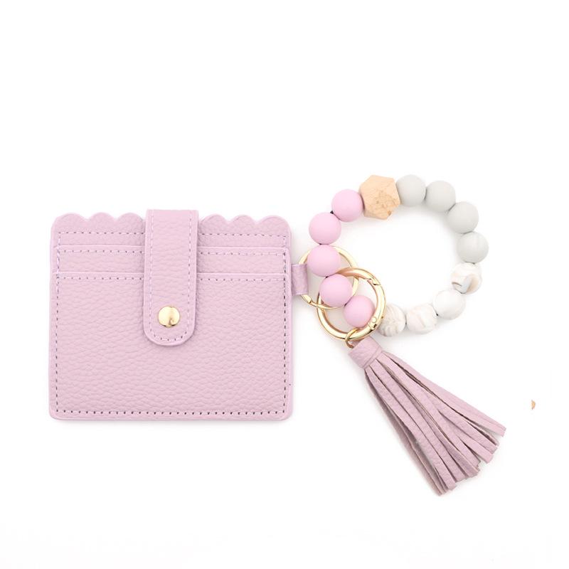 Leopard Print Silicone Bead Bracelet Wallet with PU Leather Tassel Keychain
