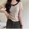 Women's Polka Dot Lace Trim U-Neck Short Sleeve Casual T-Shirtl