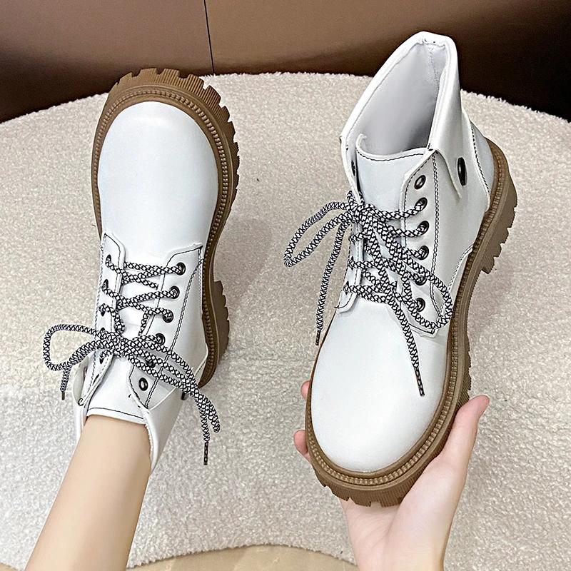 Women's Shoes 2024 Ankle Women's Boots Classics Modern Boots Women Turned-over Edge Round Toe Med Heel Front Lace-up Shoes Women