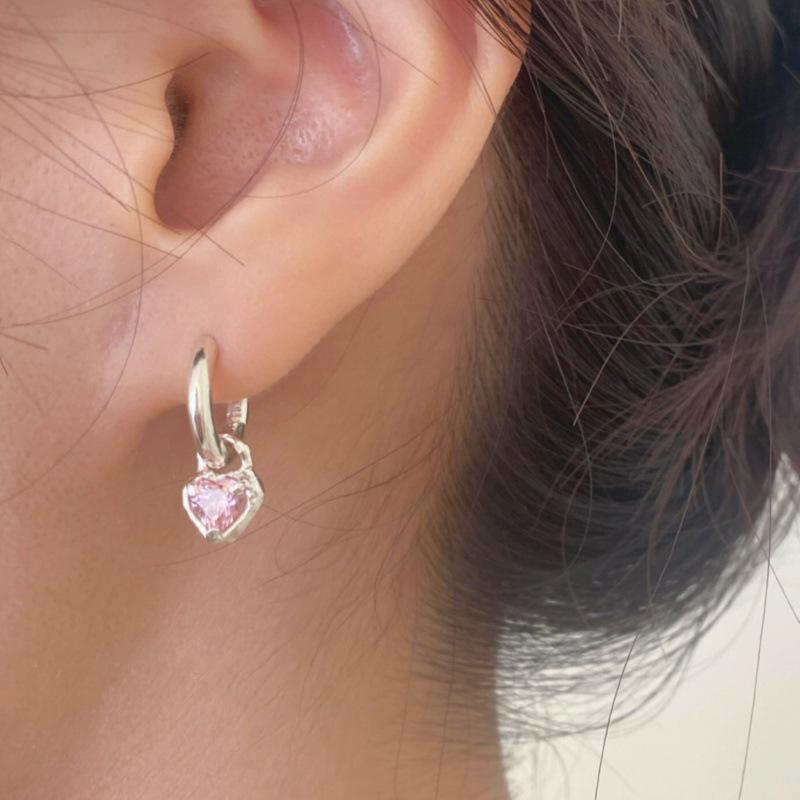 Korean Pink Heart Zirconia Earrings: Retro, Sweet, Simple Hoops & Ear Studs