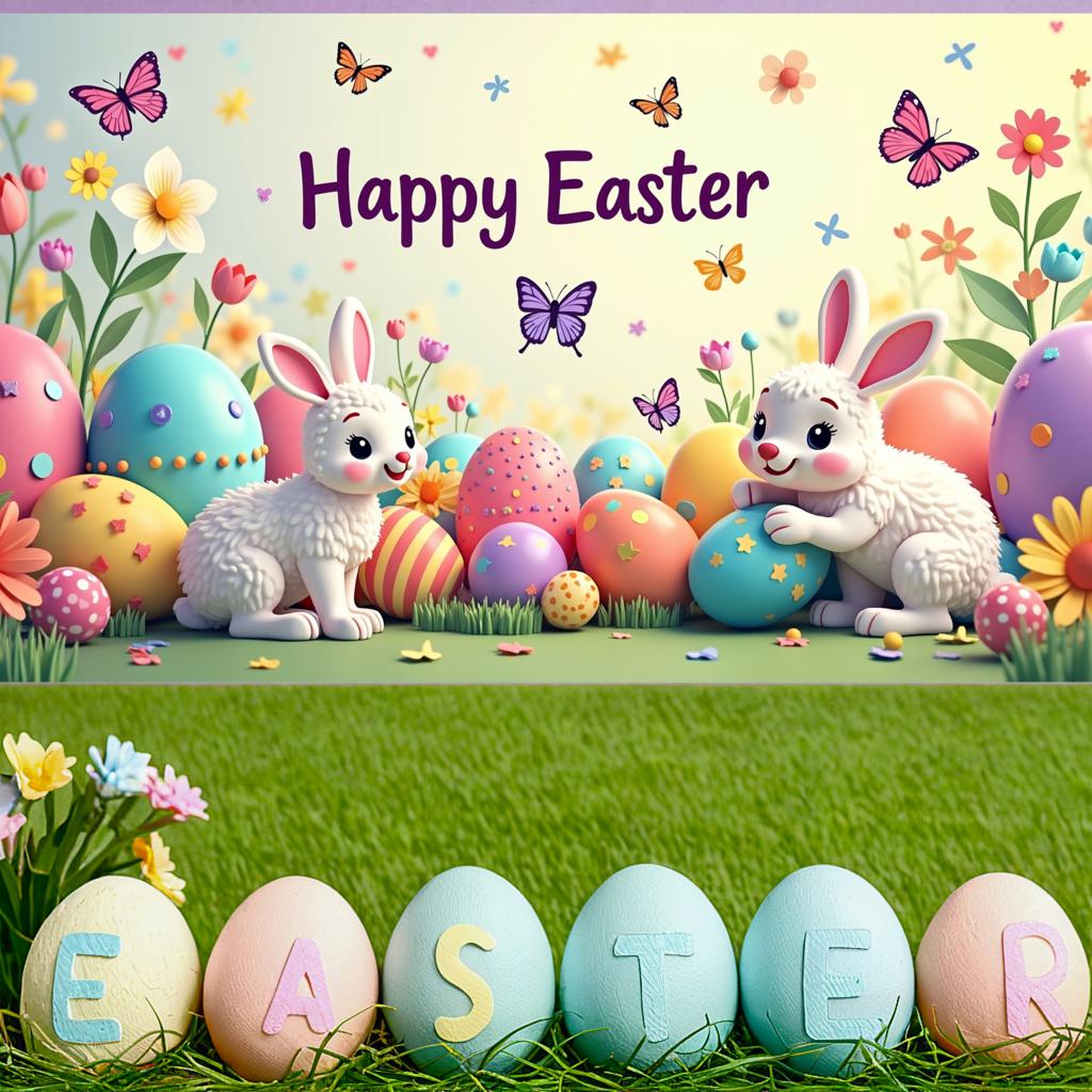 Happy Easter Backdrop Banner Easter Egg Bunnies Photography Prop Decorations Garden Party Supplies Background Spring Decor