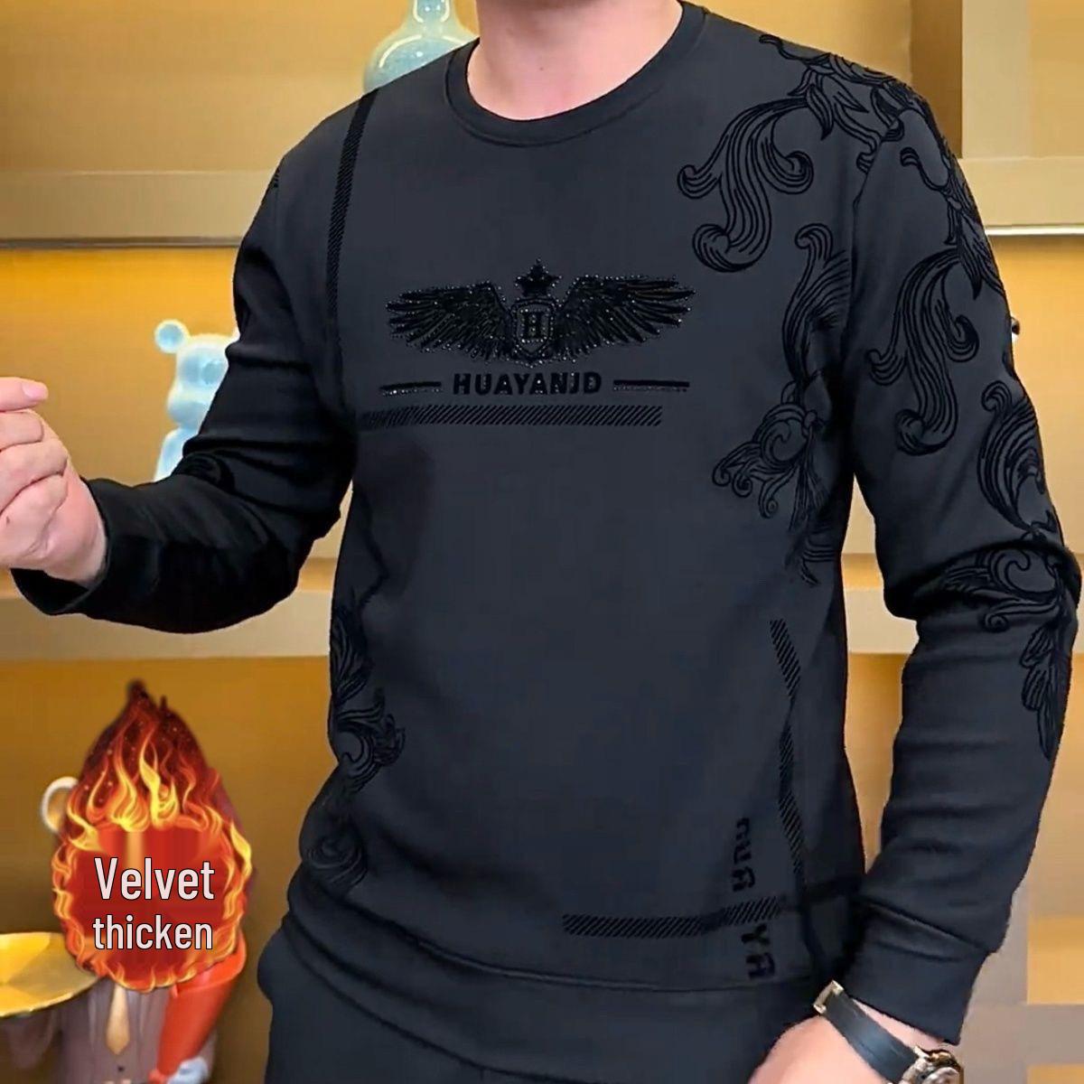 

Men s Trendy Fleece-Lined Round Neck Printed Hoodie - Warm and Stylish for Autumn/Winter 3XL чорний