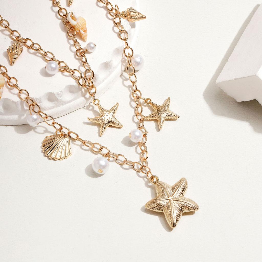 European and American vacation double-layer starfish shell necklace, conch pendant, women's collarbone chain, seaside beach accessories