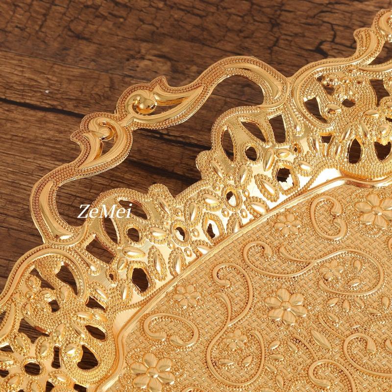 European Style Rectangle Fruit Plate,Exquisite Patterned Openwork Golden Metal Cake Plate Home Tray,Snack Disc Table Decoration