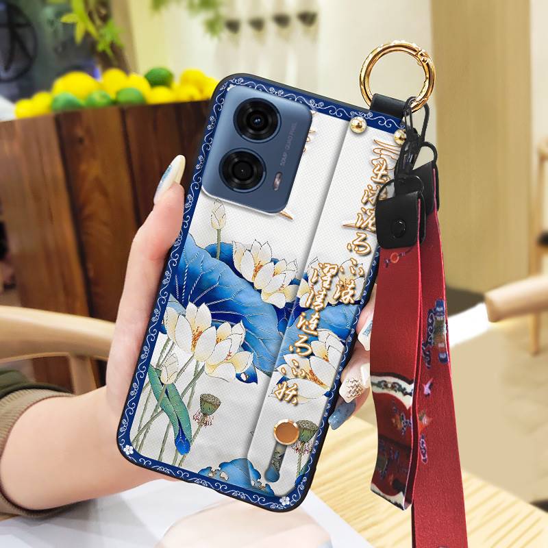 Anti-dust Wrist Strap Phone Case For MOTO G24 Power Lanyard For Mom Durable Wristband Fashion Kickstand Silicone Ring