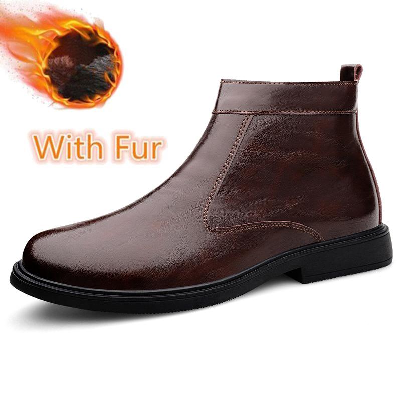 British Style Men's Chelsea Boots Genuine Leather Ankle Boots Fashion High Top Walking Shoes Winter Plush Snow Motorcycle Botas