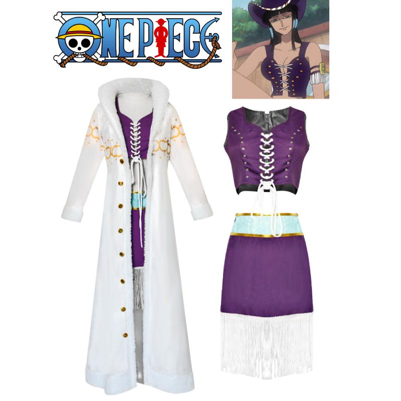 One Piece 3pcs Nico Robin Cosplay Costume Plush Coat With Tops Skirt Set Outfit