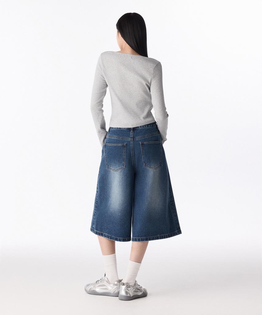 MUSINSA STANDARD WOMAN Women'S Big Brush Wide Bermuda Denim Pants [Medium Indigo]