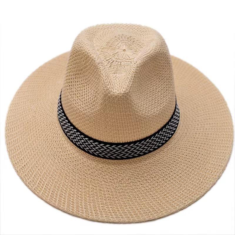 

Summer season big brim straw hat sunshade sun protection top hat jazz hat beach travel men middle-aged and elderly mesh hat бежевий