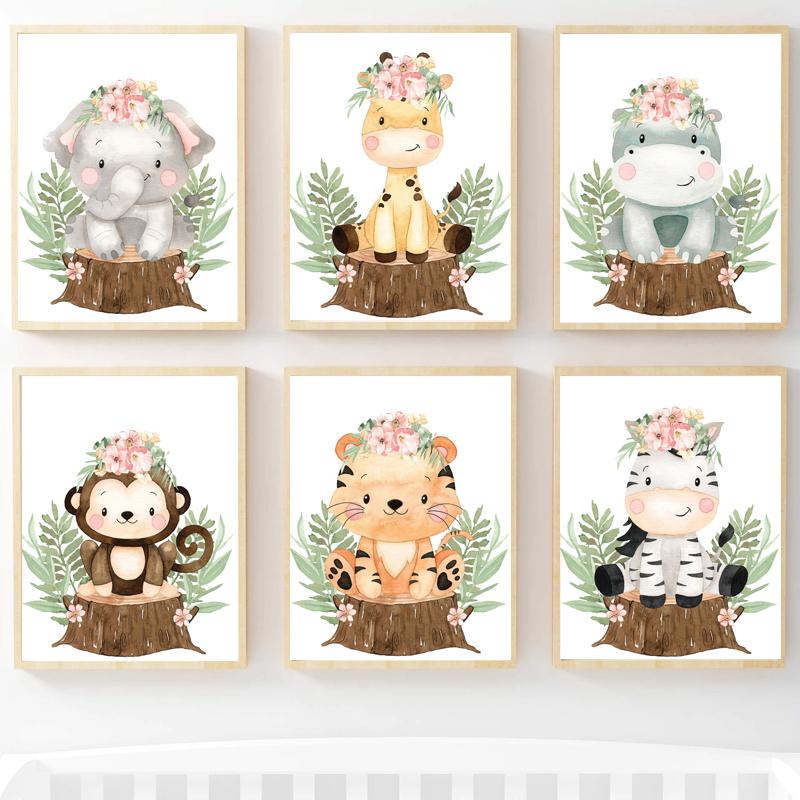 Cartoon Wearing Flowers Animal Leaves Nursery Wall Art Canvas Painting Posters And Prints Wall Pictures Baby Kids Room Décor No Frame