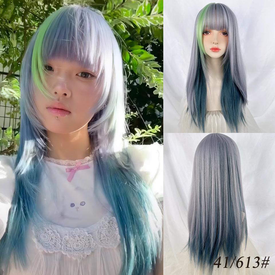 

Сине-зеленые пряди WTB Синтетический парик с прямыми прядями Женская мода Стиль Y2K Прямая челка Лолита Длинный прямой прядь с прядями Окрашенный парик 65cm