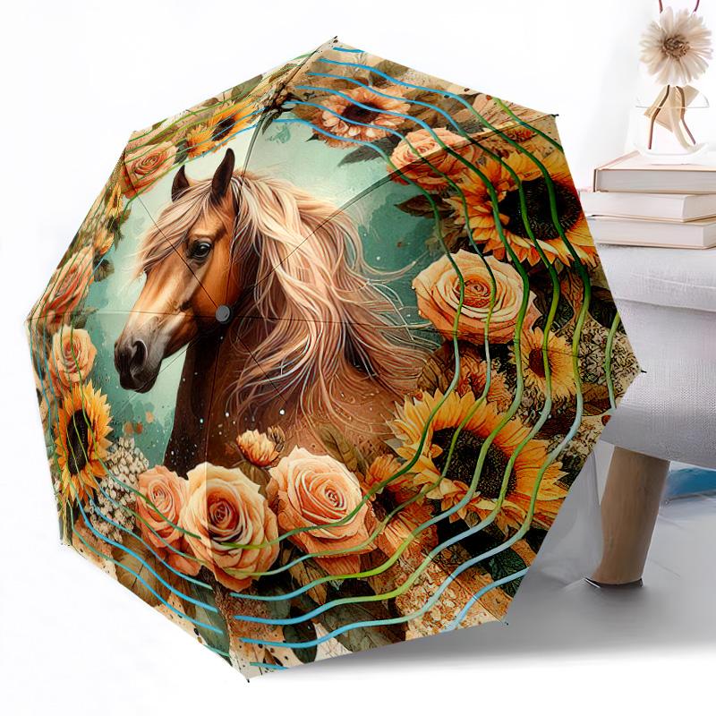 Ombrello Automatico Portatile a 8 Stecche Cavallo e Ghirlanda Floreale Design Pieghevole Leggero per Uso Esterno Quotidiano Regalo Perfetto per Amici Famiglia
