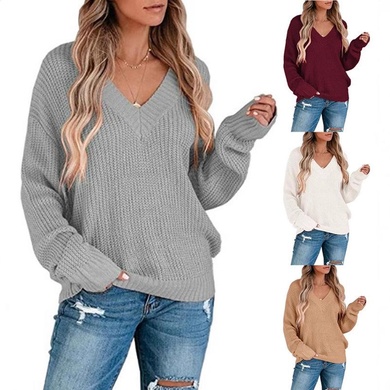 Casual Solid Knit Sweater Ladies V Neck Crew Neck Warm Daily Long Sleeve Blouse