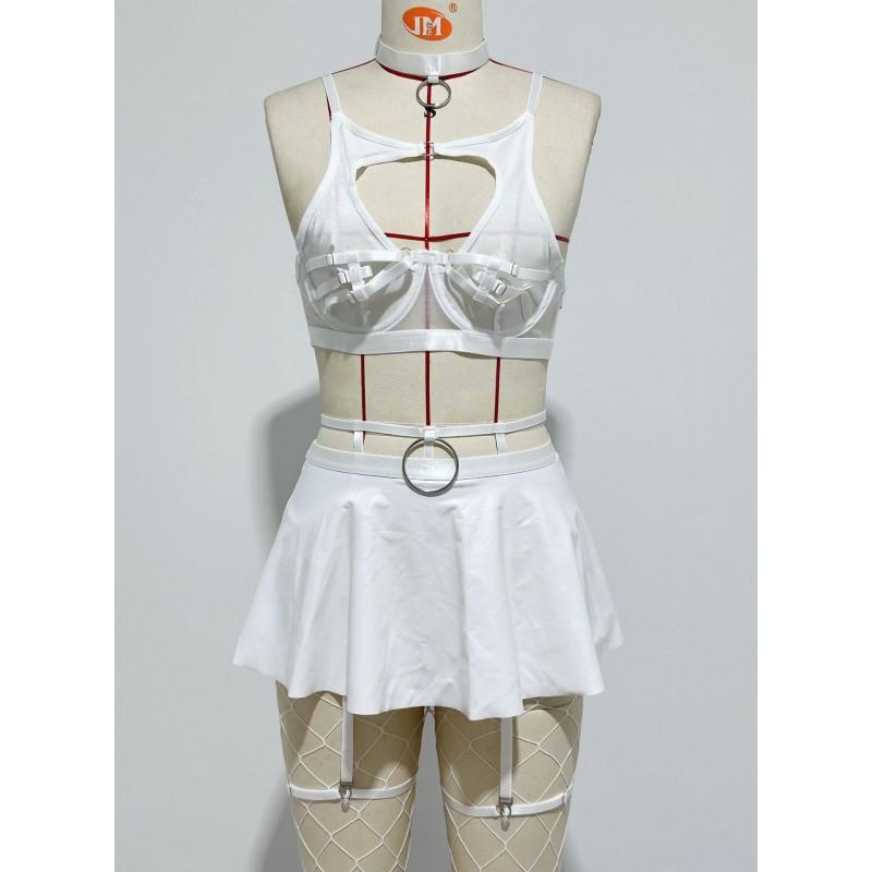 Sexy Lingerie Set: Solid Color Faux Leather Skirt With Mesh Stockings Adjustable Strap Push-Up Bra Roleplay Costume