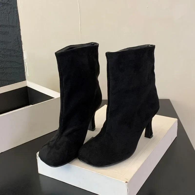 Women's Boots Round Toe Pleated Design Boots Temperament Stiletto High Heels Ankle Boots Quality Suede Women Chelsea Short Botas