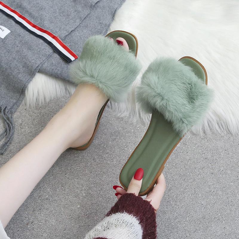 Internet Celebrity Mao Mao Slippers Women's Shoes 2024 New Autumn New Wear Summer Versatile Flat Bottom Sandals Fluff