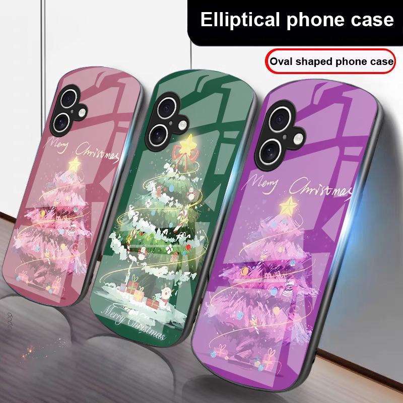 Decorated Christmas Tree For iPhone 17 16 15 14 13 Plus 12 Mini 11 Pro Max XR Xs Max X 7 8 6S 22 20 Elliptical Glass Phone Case
