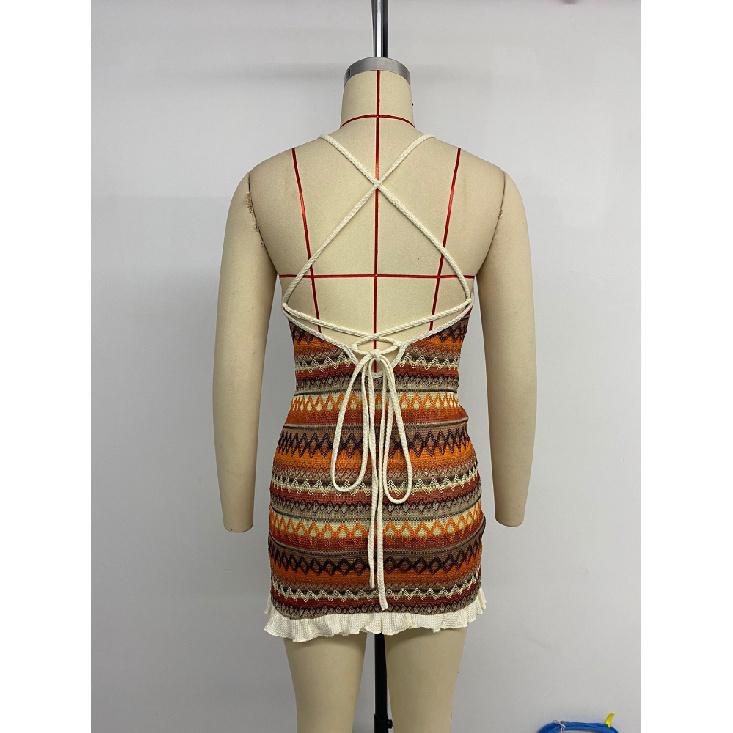 Summer New Women'S Beach Vacation Dress With Suspender Straps Colorful Stripes Knitted Drawstring Backless Strap Dress