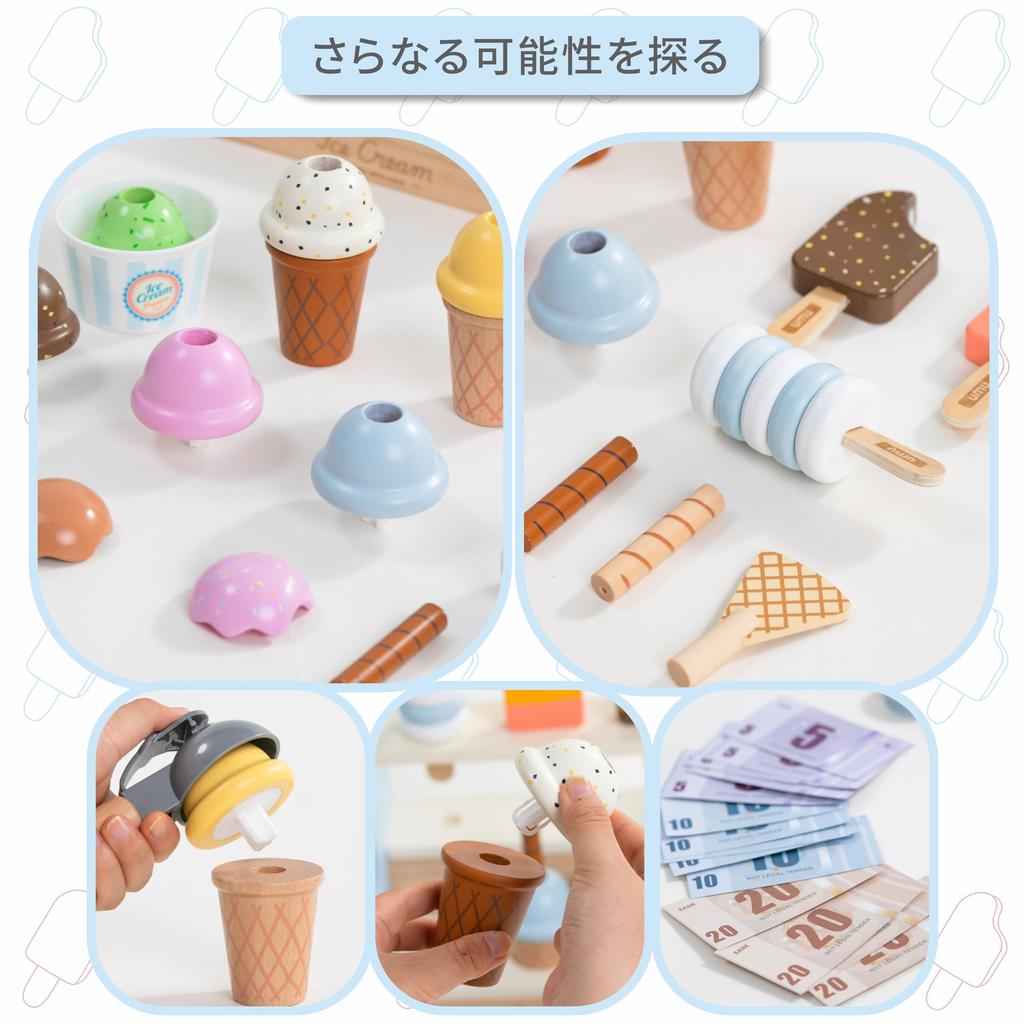 UMU Wooden Ice Cream Play Kitchen Set - Toddler Role-Playing Set, Kitchen Play Set, Wooden Food Toys, Educational Toy, 37 Pieces Total Ages 3-6,