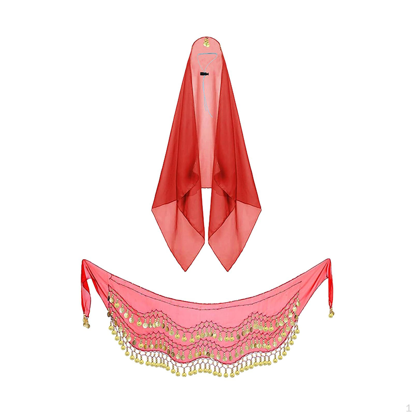 

Юбка для танца живота и платок на голову, регулируемый танцевальный костюм с пайетками и кисточками для фестиваля красный